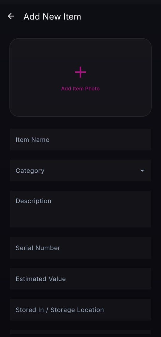 Add an item — snap a photo and AI fills in the name, category, and description