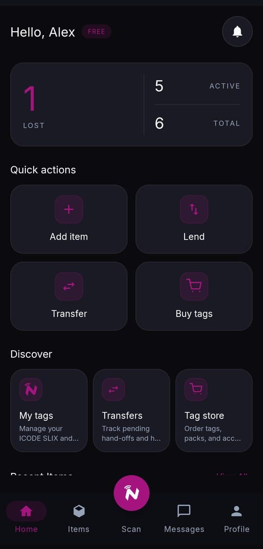 NFCFind dashboard — lost, active, and total items at a glance