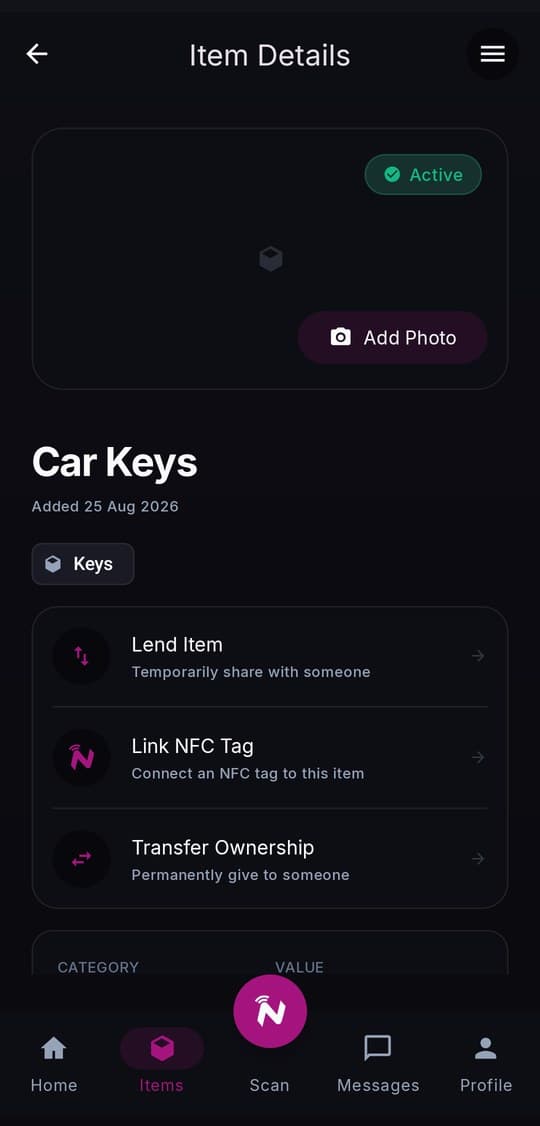 Item details — status and value, with one tap to lend, link an NFC tag, or transfer