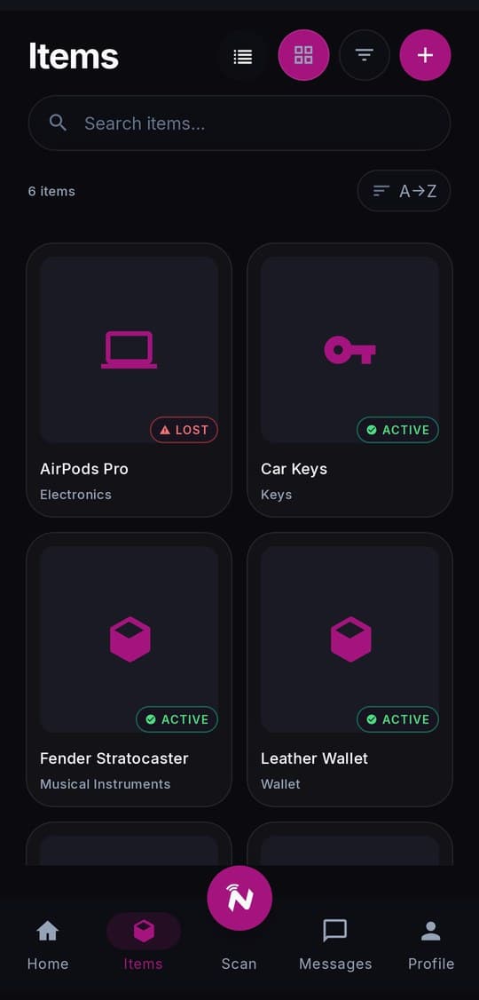 My Items — every registered item with its category, icon, and status