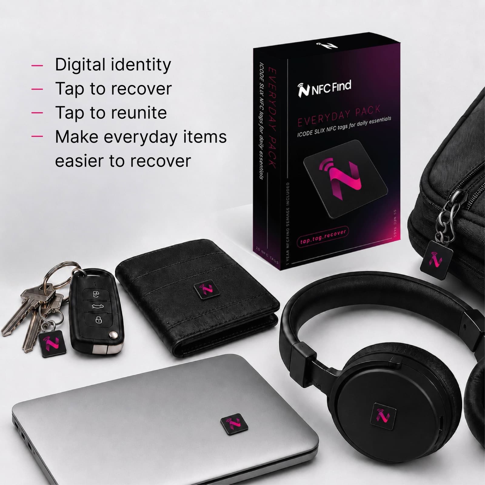 NFCFind Everyday Pack with tags applied to keys, a wallet, a laptop, headphones, and a bag
