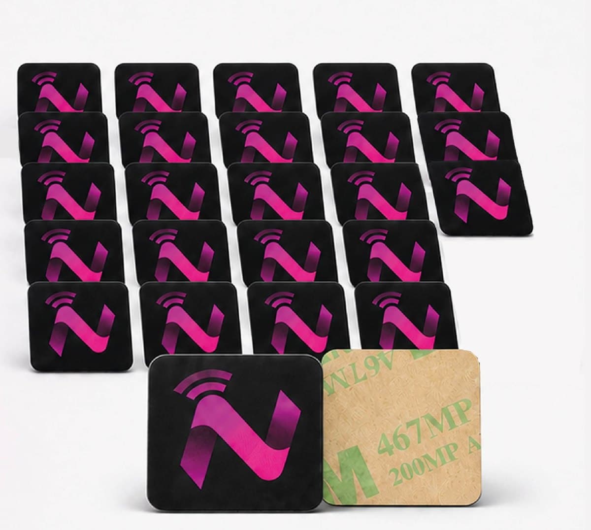A full Everyday Pack — 25 adhesive NFCFind tags with the peel-off adhesive backing
